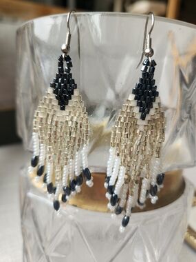 VTG Artisan Handcrafted Glass Seed Bead Fringe Drop Earrings